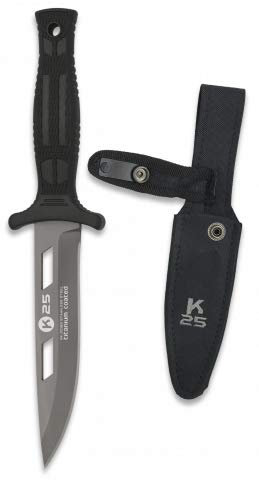 Cuchillo botero K25 Black Coated Hoja 12,4 cm para Caza, Pesca, Camping, Outdoor, Supervivencia y Bushcraft K25 32193 + Portabotellas de regalo