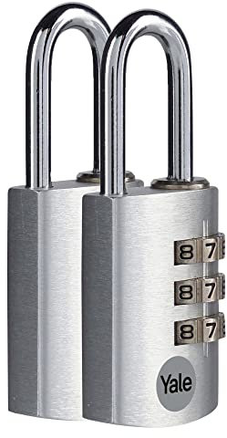 Yale Lucchetto a combinazione in alluminio YE3CB/28 28 mm confezione da 2 argento: corpo compatto con arco in acciaio e codice a 3 cifre regolabile testato anticorrosione per uso interno