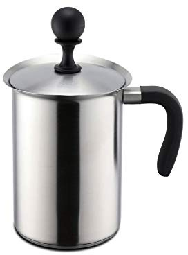 Gravidus Milchaufschäumer Edelstahl Manuell Ideal für Camping Reisen Spülmaschinengeeignet Abnehmbares Sieb Gummigriff geeignet für Induktion und Herd Fassungsvermögen 1000 ml