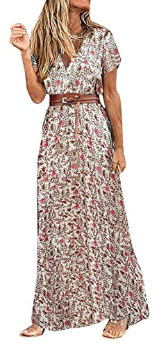 Générique Robe Eté Bohème Chic Vintage Col V Manches Courtes Longue Casual Imprimé Fleurie Maxi Mode De Plage Soirée