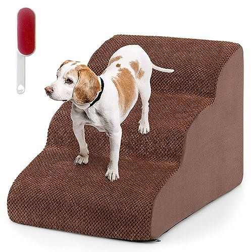 COSTWAY Hundetreppe 3 Stufen, rutschfeste Hundestufe aus Schaumstoff, 30kg belastbar, Haustiertreppe für Hunde Katzen, Katzentreppe Abnehmbar, Hunde Treppe für Sofa Bett, Waschbarer Bezug (Braun)