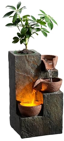 MSEONWXI Tabletop Indoor Water Fountain – 3-Tier Rock Waterfall Fountain with Warm LED Light and DIY Planting Pot – Relaxing Small Water Feature for Desk or Home Decor (23061)