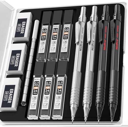 Nicpro Juego de 4 lápices mecánicos de metal de 0,5 mm y 0,7 mm con estuche, lápices para artistas MP1000 con 6 tubos HB, 3 gomas de borrar, 9 recambios para escritura artística, dibujo