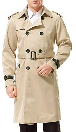 AOWOFS herr dubbelknäppt trenchcoat med bälte revers lång kappa affärsjacka vår övergångsjacka, kaki, M