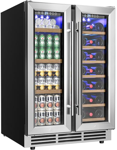 EUHOMY Wine and Beverage Refrigerator, 24 Inch Dual Zone Wine Cooler with Glass Door Hold 21 Bottles and 88 Cans, Built in or Under Counter Wine Fridge with Blue LED Light