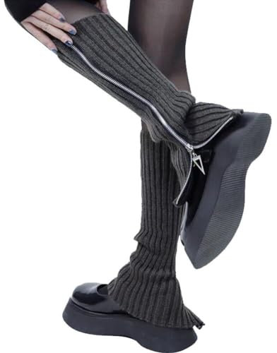 Fituenly Calentadores De Piernas Al Estilo Gótico De Botas con Cremallero De Punto De Punto De Punto Lateral Lolita Lolita Rodilla Calentadores De Piernas Altas Calcetines De Botas para Damas