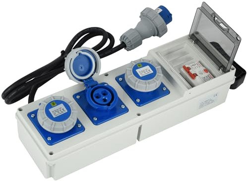 Electraline 60426 Tableau électrique de distribution 3 prises industrielles CEE, fiche CEE, câble 2M H07RN-F 3G2.5, IP67, avec interrupteur différentiel RCD 30ma + interrupteur de sécurité MCB