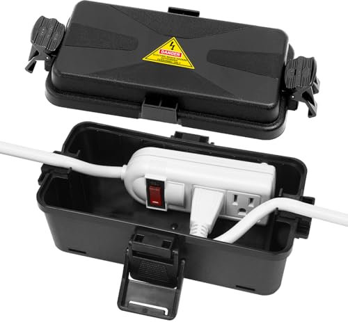 DIQMIAQ Outdoor Electrical Box IP54-rate Waterproof extension lead Box (7.6 x 3.9 x3.3 inch) Weatherproof Connection Box with 2 Cable Entries/Exits Protect for Festival Light , Plug(Black 1 PCS)