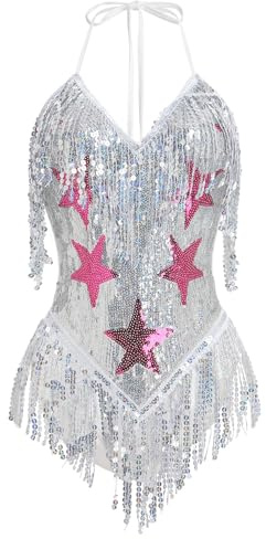 EFOGEP Women's Music Festival Bodysuit: Sexy Halter V Neck Star Sequins Fringe Carnival Rave Outfit Dance Leotard Party Nightclub Halloween Costume Silver M