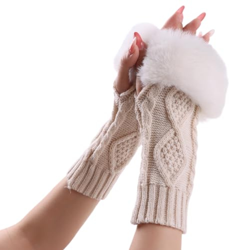 XIAOHAWANG Winter Arm Warmers Women Knit Wrist Warmers with Thumb Hole Faux Fur Fingerless Gloves (Beige)