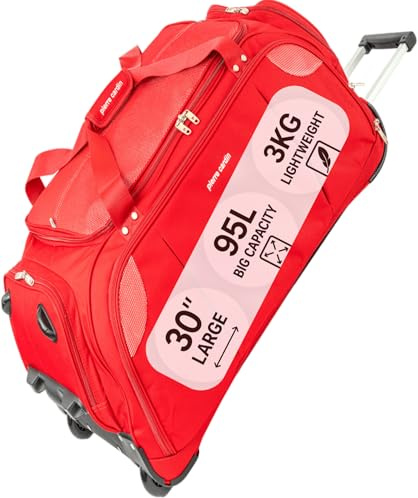Lightweight Large 30 Red Holdall with Wheels - 95L Pierre Cardin Duffle | Wheeled Duffel Bag - 30-Inch Rolling Travel Holdalls on Wheel's for Men and Women - Soft & Durable Suitcase Alternative