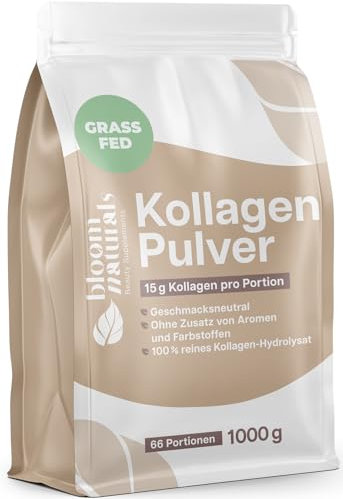 Grassgefüttertes Collagen Pulver 1000g (1 KG) - Hochdosiert & Geschmacksneutral Kollagen Hydrolysat Pulver, Peptid Typ 1 & 3 - Kollagen Peptide - abgefüllt in Deutschland Laborgeprüft