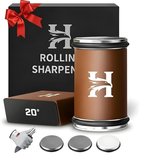 Rolling Knife Sharpener Kit – 3-Stage 400/1000/3000 Grit Discs – 15° & 20° Magnetic Angles – Replaceable Diamond & Ceramic Discs – Professional Kitchen & Chef Knife Sharpening System