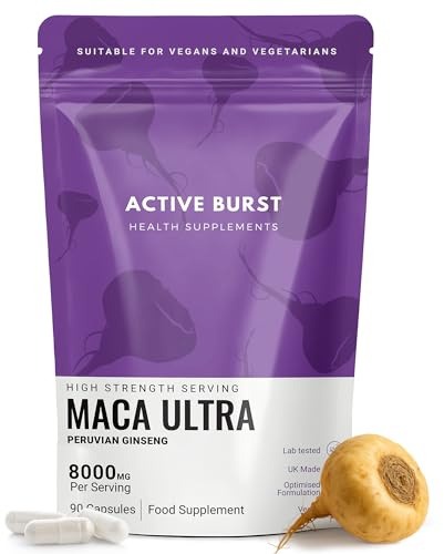 MacaRoot Ultra – Maca Root Capsules 8000mg | Peruvian Ginseng 10:1 Extract | 1.6mg Macamides | Energy, Mood & Hormone Support | Vegan, UK Produced, Lab Tested | 90 Capsules | ActiveBurst Nutrition