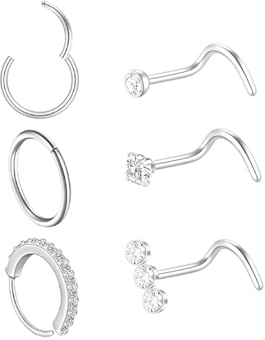 Suupii 6 PCS Nose Rings Set, Round Shaped Nose Studs Exquisite Septum Piercing Jewellery Septum Rings, Silver Noses Ring Suitable for Daily Dressing Birthday Parties Gatherings Gift Giving