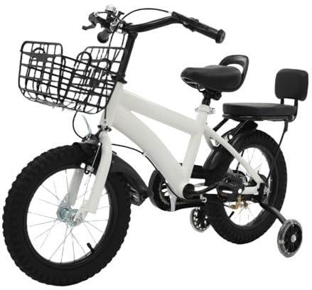 DAOHHFO NOUVEAU Vélo enfant 14 pouces pour fille et garçon de 3 à 7 ans, vélo à pédales avec siège réglable, siège arrière, roues stabilisatrices et panier avant, noir et blanc (blanc)