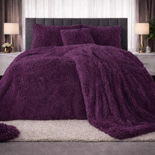 PARADISE STAR Teddy Bear Cuddles Fleece Duvet Cover Set – Alaska Luxury Faux Fur Bedding with Matching Pillowcases, Super Soft Warm Plush Winter Quilt Cover Bed (Plum, Double)