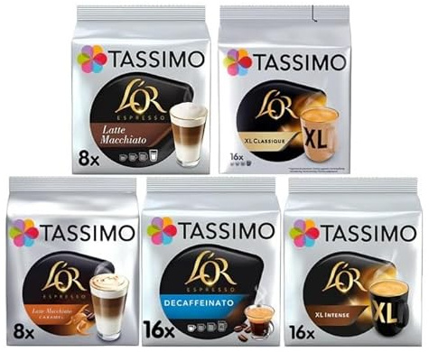 Tassimo L’OR Variety Pack Coffee Pods (Pack of 5, Total 64 Capsules) – XL Classique, XL Intense, Espresso Decaf, Espresso Latte Macchiato & Espresso Latte Caramel Macchiato