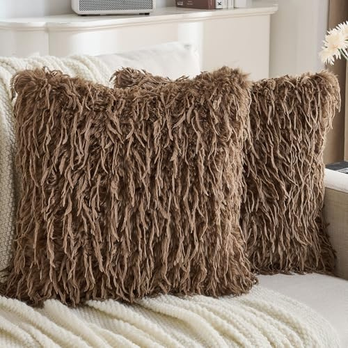 YSTELLAA Funda Cojin 45x45 Sensación de Pluma, Juego De 2, Marrón | Cushion Covers Efecto Pluma, Cremallera En Forma De Corazón, Cuadrada, Decorativas Hogar para Sofá Silla Cama Sala
