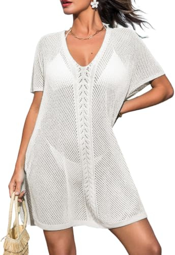 Rayson Robe de Plage en Crochet pour Femme Eté Courtes Cache Maillots de Plage Mini Robe Col en V Décontractée Bikini Cover Up Tricot Beachwear