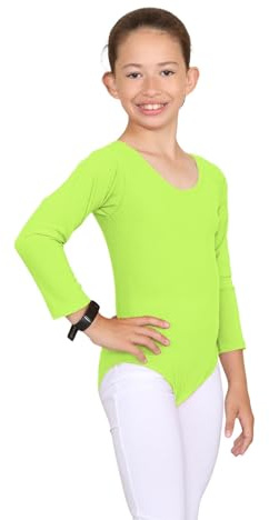 janisramone® Kids Gymnastics Leotards for Girls, Long Sleeve Leotards for Girls for Gymnastics and Dancing, Microfibre Girls' Gymnastics Leotards Ballet Leotard for Girls Aged 3-13 Years Neon Yellow
