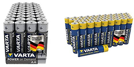 VARTA Power on Demand AA Mignon Batteries (40-pack) & Industrial Pro AAA Micro Alkaline Batteries LR6-40-pack, Made in Germany