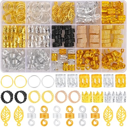 Nafaboig 200PCS Beads for Hair Braids, Hair Jewelry for Women Braids, Metal Gold Braids Rings Cuffs Clips for Dreadlock Accessories Hair Decorations