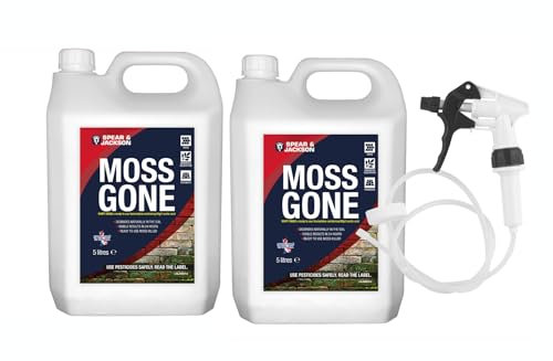 Spear and Jackson Moss Gone Moss killer 2 x 5 Litre with long hose trigger, Multi-pack, Fast Acting, Suitable on Paths, patios and hard surfaces