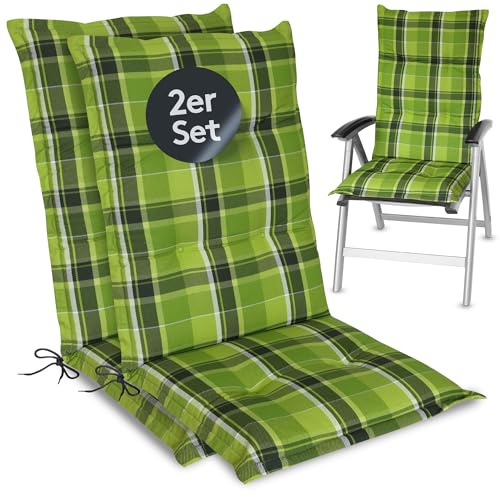 LILENO HOME Gartenstuhl Auflagen als [2er Set - Hochlehner] in Karo Grün - Bequeme Liegen als Sitzauflagen für Gartenmöbel - Stuhlkissen für Gartenstühle und Klappstühle