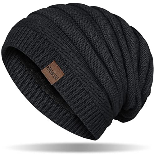 HAMUNI Mütze Damen, Atmungsaktiv Strickmütze Herren, Warme Wintermütze Damen, Street Style Slouch Beanie Mütze Herren, Klassische Unisex Winter Mütze mit Weichem Bequemem Fleece Innenfutter