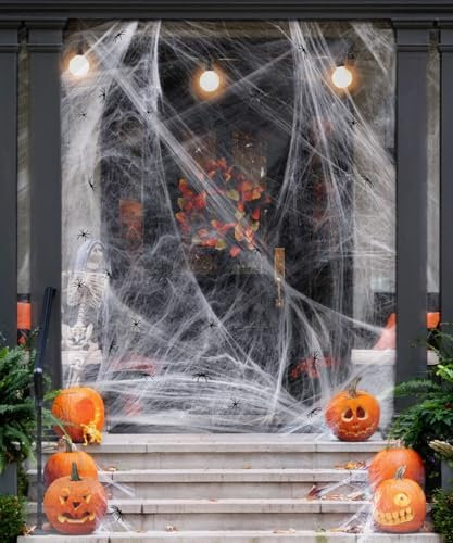Haus Projekt Halloween 60g Decorazione Ragnatela Bianca con 30 Ragni Finti, Ragnatela Bianca, Halloween Decorazioni per all'aperto, Interno, Decorazioni Spaventose per Case Infestate, Neve Finta