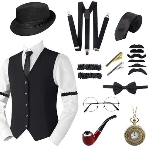1920-tals herrtillbehör Gatsby gangster kläder kostym cosplay outfit, 20-tals kostym tillbehör set, hatt, fickur, metallglasögon, hängslen kostym herr 20-tal för man halloween cosplay