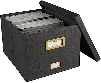 BLU MONACO Grey Linen File Box: Collapsible Hanging File Box with Lid, Document Organizer, Letter & Legal Size Paperwork Storage, 10.75 inches