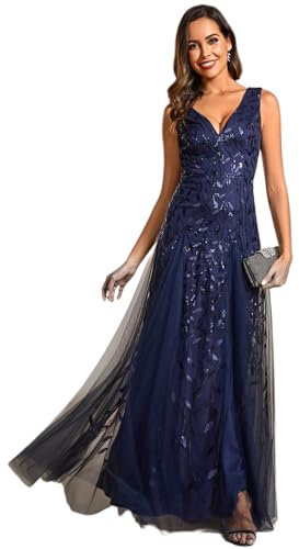 Ever-Pretty Abiti da Damigella d'Onore Tulle Paillettes Senza Maniche Impero Vita Scollo A V A Line Blu Navy 50