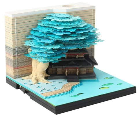 Time Piece Calendar 2026, 2026 Desk Calendar Memo Pad with LED Lights, 3D Castle Calendars Notepads, 3D Paper Carving Art Craftwork Desk Decoration for Office Reading Room (Blue Tree house)