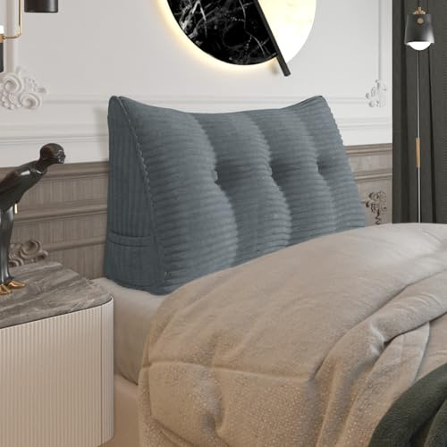 strusery Almohada de cuña de pana, cojín triangular grande para respaldo de cabecera y reposo en cama, soporte de lectura, posicionamiento de almohadilla de pies (gris, 100 x 50 x 20 cm)