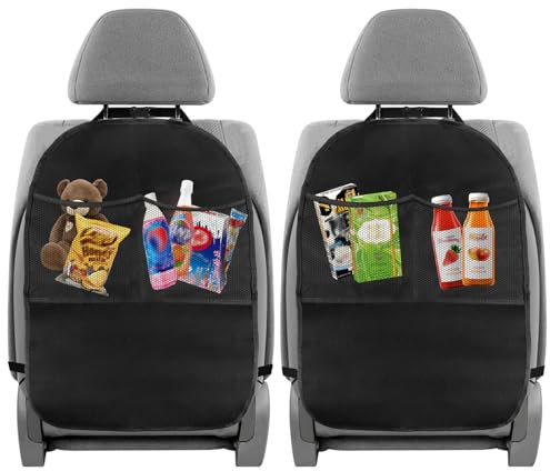 2 Pezzi Protezione Sedile Auto Bambini con 2 Tasche in Rete Scopo Generale Proteggi Sedile Auto Bambini Posteriore Impermeabile e Antisporco per Riporre Gli Oggetti e Tenere Pulita l'Auto (Nero)