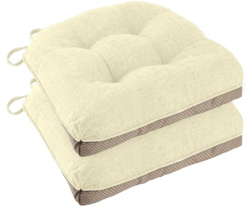 FlyGulls Chair Cushions for Dining Chairs 2 Pack Non Slip Kitchen Chair Cushions 18x18x3 Turfted Chair Pads Comfortable and Soft Seat Cushion with Ties, Ivory