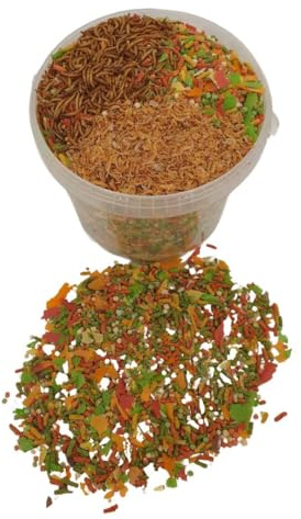 Sahawa Mezcla de alimento para estanque en cubo de 5 L para peces de estanque, para peces de colores, kois, con palos, copos, perlas de peces, cubo de 5 l, mezcla de estanque con camarones