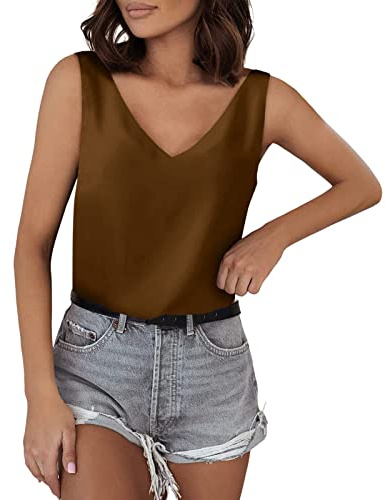 2025 camisetas sin mangas para mujer con cuello en v seda verano satén blusa sin mangas básico camisola camisas espaguetis top satén, marrón, M