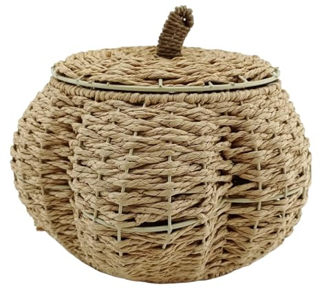 Cesta Decorativa de Mimbre en Forma de Calabaza, Marrón, 26x16 cm, con Tapa