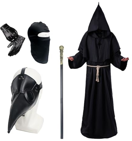Plague Doctor Halloween Costume, Long Nose Beak Mask Adult Plague Doctor Mask Priest Robe Scepter Cross Necklace Belt Leather Gloves Balaclava Halloween Carnival Fancy Dress Cosplay Costume
