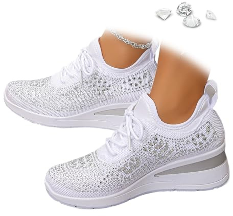 Sneakers da donna con zeppa glitterati con strass, alla moda, traspiranti, scarpe da ginnastica casual con zeppa in mesh slip-on con diamanti, scarpe da camminata per signore, 0 UK Wide