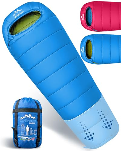 ALPENWERT® Sacco nanna estivo per bambini, cresce con. [130 – 170 cm), solo 920 g, compatto [32 × 19 cm), perfetto per campeggio, festival, attività all'aperto, sacco a pelo mummia a partire dai 6