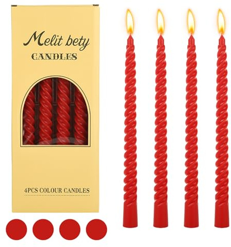 Dinner Candles, 4Pcs Non Drip Twisted Candle, Long 6 Hour Burn Time Spiral Candles for Candlesticks Table Dinner Halloween Wedding Christmas Appointment Birthday Party Home Decor (Big Red)