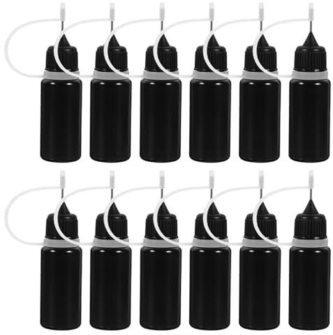 Mobestech Lot de 12 Flacons Applicateurs à Embout Aiguille Précis 10 ML en Plastique Noir Souple Flacons Compte-Gouttes pour Dosage Exact et Protection Lumière pour Quilling et Bricolage