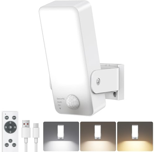 Außenlampe mit Bewegungsmelder, 10000mAh Akku Aussenlampe mit Bewegungsmelder, Fernbedienung, 3 Modi, 3 Lichtfarben, IP65 Wasserdichte Außenleuchte für Veranda, Garage, Terrasse, Hof, Haustüren - Weiß