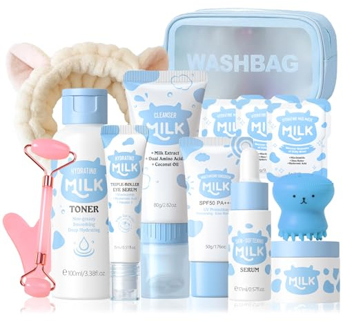 14PCS Milk Skincare Set Teenager Mädchen - Korean Skincare Set, Skin Care Set, Pflegeset Damen mit Milchextrakt, Travel Beauty Kit für Gesichtspflege, Alltag & Geschenk