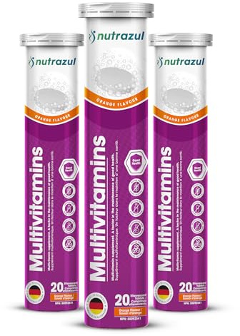 nutrazul Multivitamin Effervescent Tablets, Supplement for Daily Wellness & 9 Essential Vitamins, Contains Vitamin with Vitamin C & B Complex, Orange Flavor, 60 Tablets