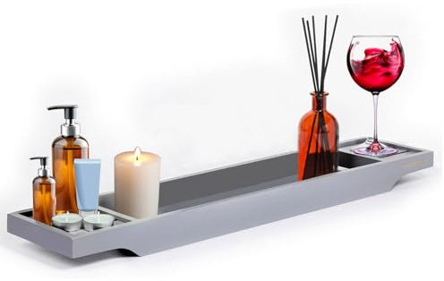 MantraRaj Bamboo Bath Caddy - Wooden Bathtub Bridge Organizer with Storage Shelf for Reading, Tablet, Wine Glass and Bathroom Accessories (Grey)